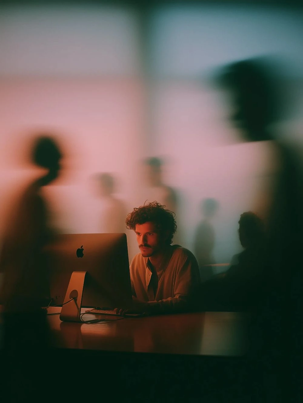 A builder focused at a desktop computer, surrounded by softly blurred teammates.
